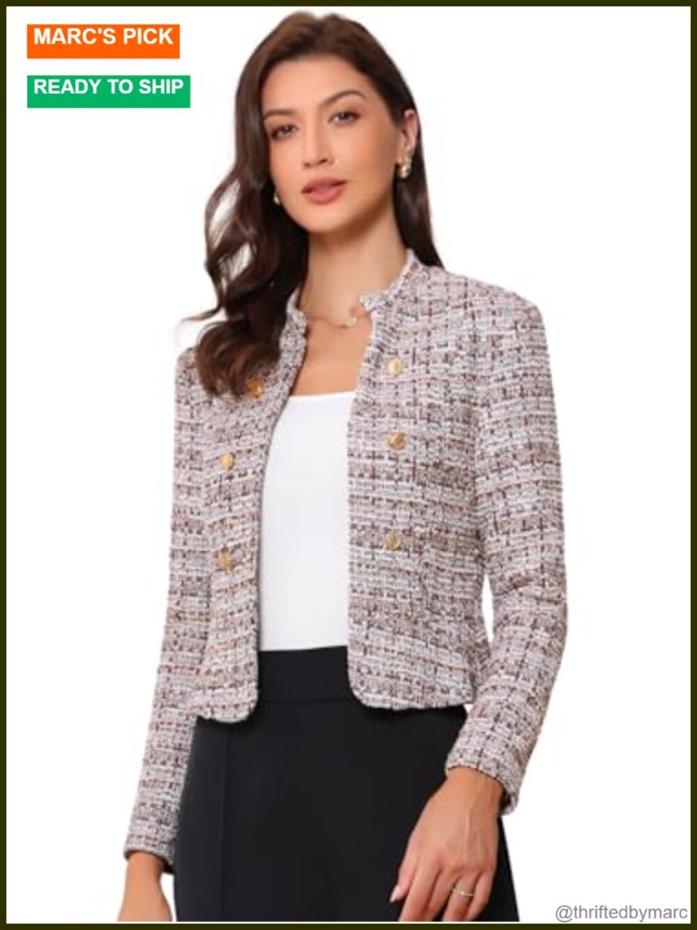 Allegra K Women's Vintage Tweed Cropped Blazer Business Open Front Jacket